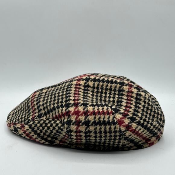 BURBERRY Vintage Wool Cashmere Flat Driving Cap Plaid Tan Black Red Sz L $590 - Picture 3 of 6